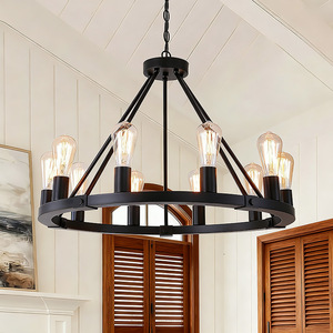 Rustic Iron Chandelier Round Black E26 Incandescent <b>Bulbs</b> For <b>Kitchen</b> Island Bar Restaurant Ceiling <b>Light</b> - Product Image 1