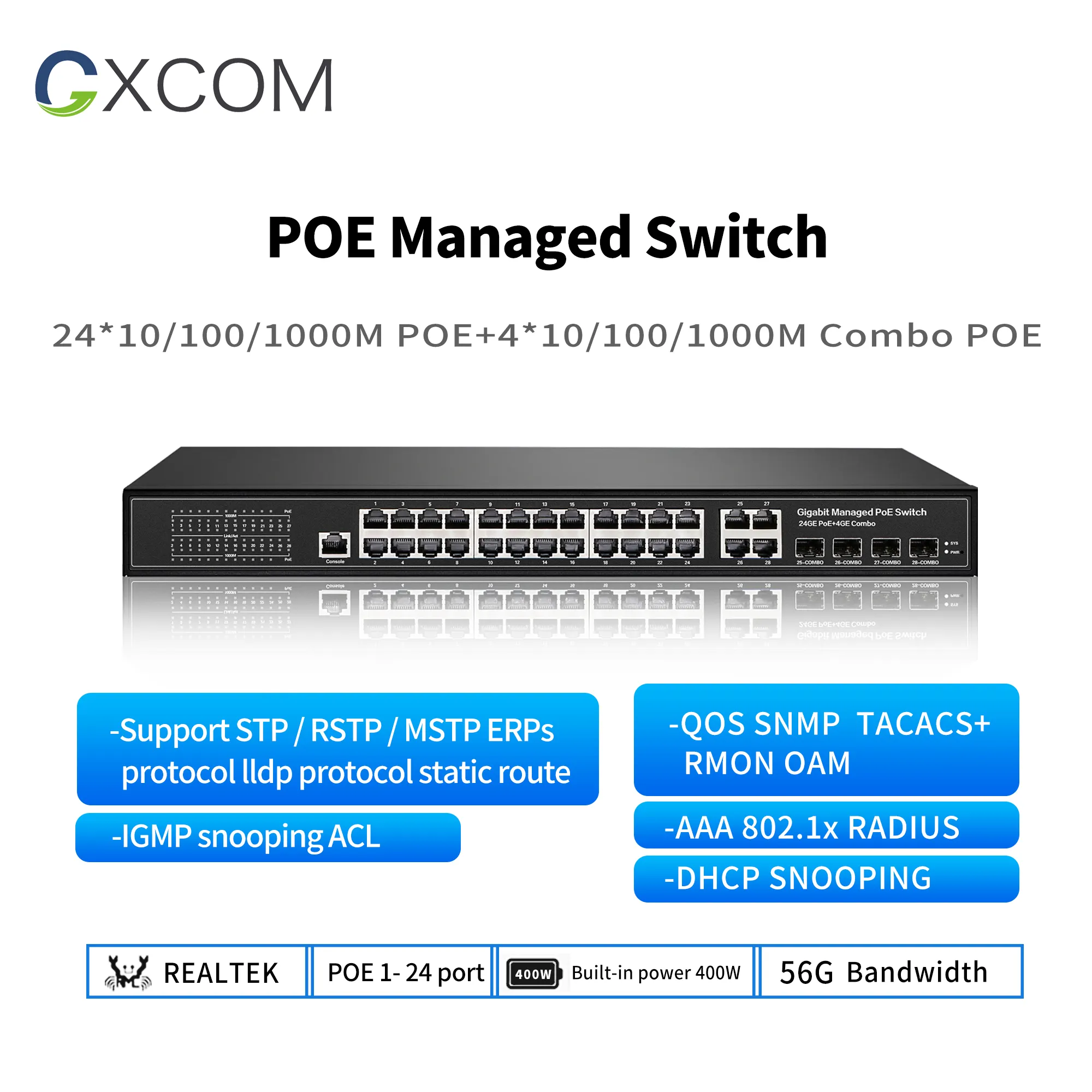 48V commutateur Ethernet gigabit 8 16 24 32 PoE + port l2 géré fibre SFP liaison montante PoE pour la Caméra IP, Téléphone IP
