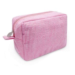 Bolsa de Cosméticos Grande para Mujer, Neceser de Viaje con Rayas, Bolsa de Cosméticos de Tela Seersucker, Organizador Estético para Mujer, Bolsa de Almacenamiento - Product Image 6