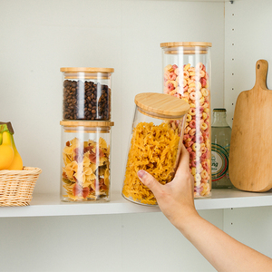 Thân Thiện Với Môi Cao Thủy Tinh Borosilicate Nhà Bếp Mì Ống Bằng Gỗ Bìa Lưu Trữ Jar Thực Phẩm Container Với Nắp Tre - Product Image 4
