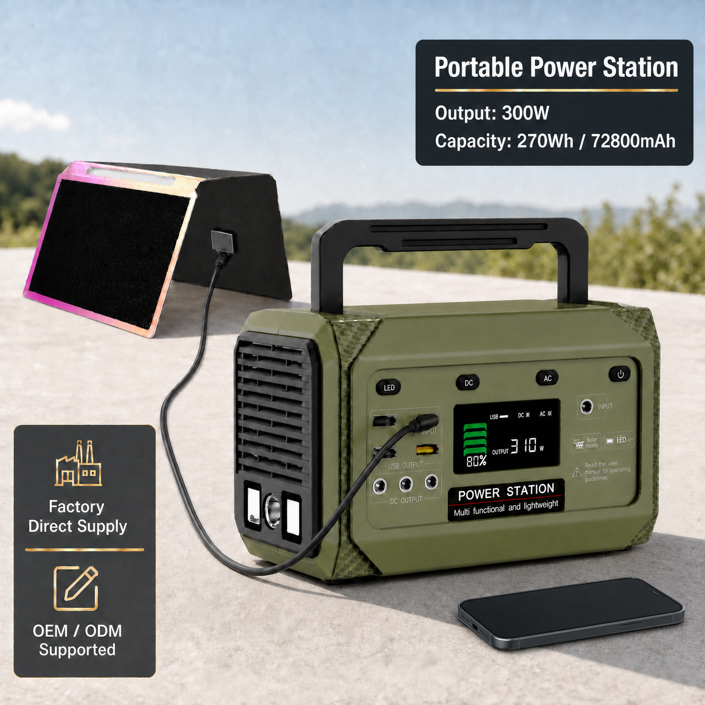 Portable Power Station - 300W Pure Sine Wave Solar Generator 270Wh 72800mAh Solar Panel Type C Emergency Factory Direct OEM/ODM