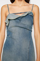 Mode Vintage dégradé licou plié col carré dos nu bretelles Patchwork ourlet irrégulier à volants Denim robes pour femmes