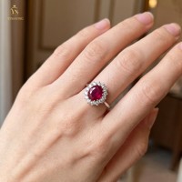 Bague Halo de Luxe en Moissanite Rouge Rubis Taille Ovale, Hypoallergénique, en Argent Fin, pour Soirée