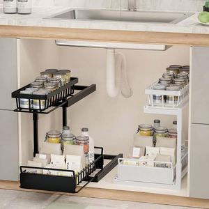 Organizador y estante de almacenamiento negro de 2 niveles ajustable de metal transparente para debajo del fregadero del baño, cesta extraíble a prueba de óxido para especias - Product Image 6