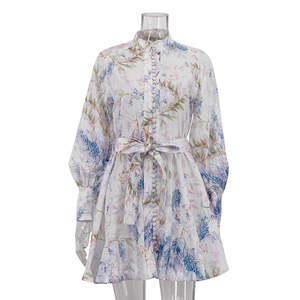 <span class=keywords><strong>Abito</strong></span> Estivo Corto da Donna con Colletto Alto, Bottoni, Cintura, Polsini con Zip, Design Chic, Maniche Lunghe e Stampa - Product Image 3