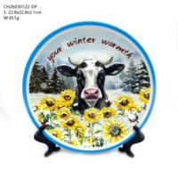 Assiette décorative en céramique imprimée motif vache 3D, personnalisable avec support de présentation assorti