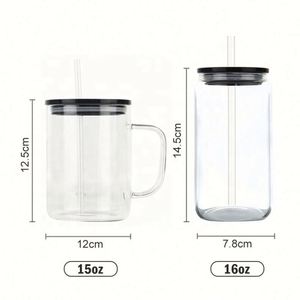 Tasses à café en verre dépoli transparent de 15 oz avec logo personnalisé, sublimation, poignée et couvercle coloré - Product Image 2