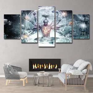 HD Printing 5 Panels Buddha Yoga Abstract Tree Meditation Earth Starry Sky Modern Canvas Art Giclee Poster For Wall Decoration