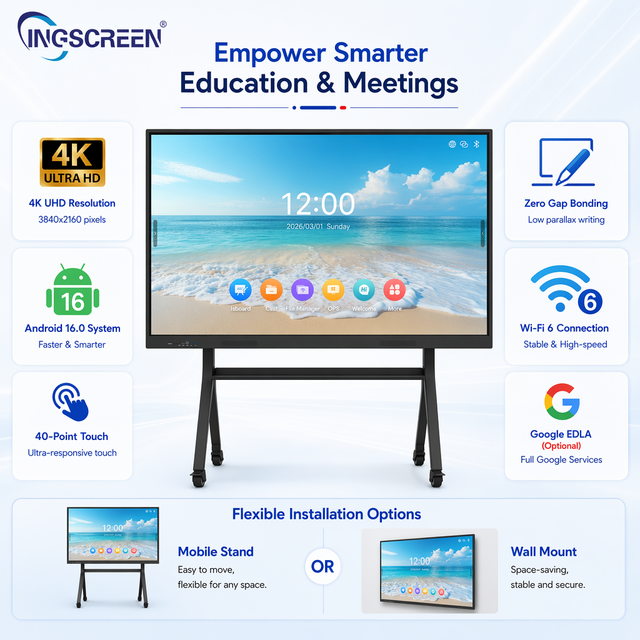 INGSCREEN Smart Interactive Flat Panel 4K UHD Touch Screen Digital Board with Built-in Camera & Microphone for Collaboration