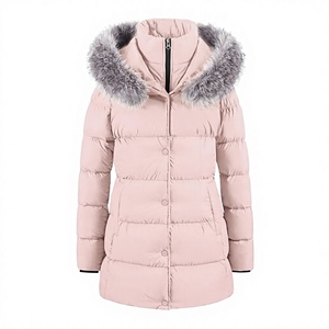 Chaqueta Acolchada Rosa para Mujer con Capucha con Ribete de Piel, Cierre de Cremallera, Abrigo de Invierno de Manga Larga y Largo Regular - Product Image 1