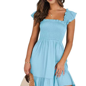 Vestido bohemio informal de verano para mujer, sin mangas, con espalda descubierta, cuello cuadrado, minivestido con volantes ahumados, vestido veraniego acampanado - Product Image 1