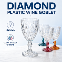 Gobelet à vin moderne en plastique PET effet diamant 325 ml, transparent avec pied coloré, en vrac, coffret cadeau pour événements