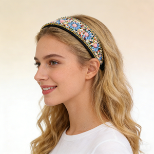 Nouveau <span class=keywords><strong>bandeau</strong></span> baroque de style ethnique bohème accessoires <span class=keywords><strong>bandeau</strong></span> de perle de riz en tissu géométrique à larges bords pour les femmes - Product Image 1