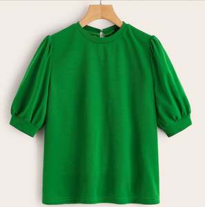 K797 Hauts et chemisiers pour femmes, décontractés, vert, manches bouffantes, dos à découpe, unis, vêtements de travail d'été pour femmes, manches courtes, chemisiers élégants - Product Image 2