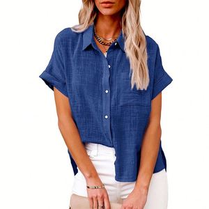 Chemise décontractée pour femme, nouvelle collection été 2025, respirante, écologique, ample, vintage, unie, col rabattu, manches courtes, logo sur le devant - Product Image 2