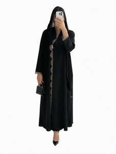 New Luxury Handmade Dubai Black Lace Trim Modest Vintage <b>Abaya</b> Matching Hijab Muslim Women Loose Ankle-Length Autumn/Spring - Product Image 1