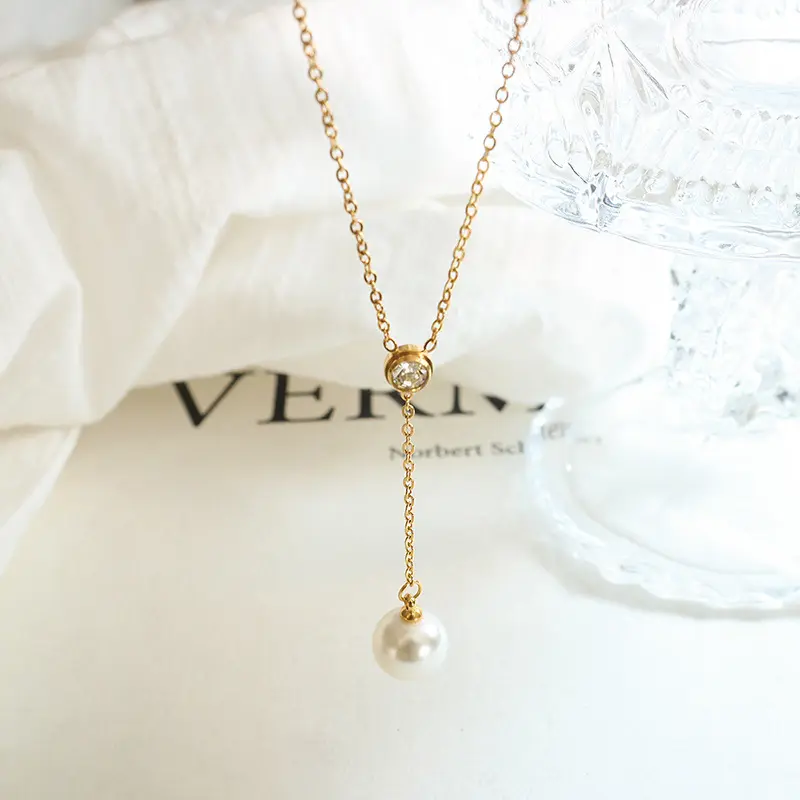 Simple Single Diamond Zircon Pearl Pendant Necklace For Women Stainless Steel Thin Chain Dainty Necklace