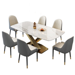 Mesa de Comedor Rectangular Contemporánea con Cubierta de Piedra Sinterizada y una Base Cruzada Dorada Única para Muebles de Cocina de Hogar Moderno. - Product Image 3