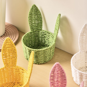 Panier en corde de papier tressé en forme d'oreilles de lapin, vert, jaune, rose, blanc, fait main, décoration de Pâques, panier de rangement - Product Image 1