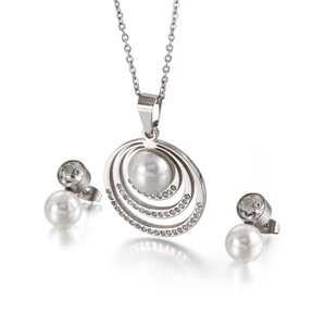 Popular Famous <b>Crystal</b> Round Stainless Steel Pearl Earring Necklace <b>Set</b> - Product Image 2