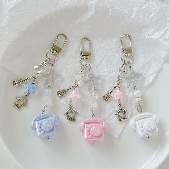 Creative Cute Telephone Landline Keychain Music Symbol Guitar Pendant Pentagram Star Mobile Phone Lanyard Handbag Charm Key Ring