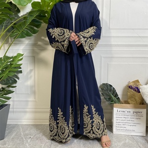 1495 #   Abaya noire en polyester doux avec appliques dorées, robe longue islamique pour femmes musulmanes, kimono - Product Image 4