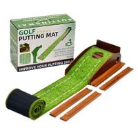 Tapis de putting de golf automatique à 2 trous avec retour de balle et base en bois pour l'entraînement à domicile, au bureau ou dans la cour