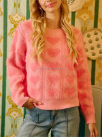 Pull à manches longues en jacquard avec cœur en tricot pour femmes, doux et moelleux, mignon, pour la Saint-Valentin