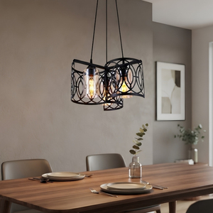 Luminaire suspendu Art Déco à 3 lumières, en métal noir découpé au laser avec verre ambré en forme de grappe - Product Image 1