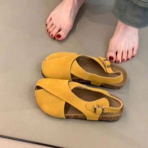 Soft Leather Version New Retro Brightening Cross <b>Strap</b> Women One <b>Strap</b> <b>Buckle</b> Round Toe Nubuck Leather Flat Sandals - Product Image 1