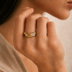 Pear Cubic Zirconia Twist <b>Ring</b> <b>Stainless</b> <b>Steel</b> 14K Gold Vacuum Plated Organic Sculptural Statement Jewelry - Product Image 4