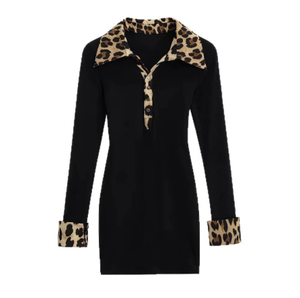 Viviblook Z718DS01 Nouveau à manches longues en V profond imprimé léopard revers Sexy moulant décontracté Mini robes pour les femmes - Product Image 2