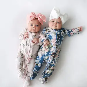 Frühling Herbst Neugeborene Baumwolle Blumen Baby Mädchen Stram pler Kleinkind Baby Pyjamas Stirnband 2 Stück Langarm Jumps uit Kinder Baby Kleidung