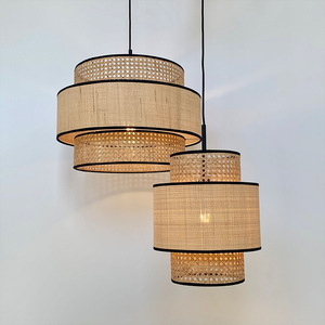 Yumesho Lighting Three Layer Fabric Rattan Bamboo Woven Chandelier Nordic Style Pendant <b>Light</b> for Bedroom Living Room <b>Dining</b> - Product Image 3