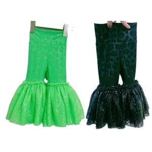 Оптовая продажа, однотонные ветрозащитные кожаные плавки От 2 до 6 лет девочек, зеленые детские леггинсы в стиле хип-хоп с блестками