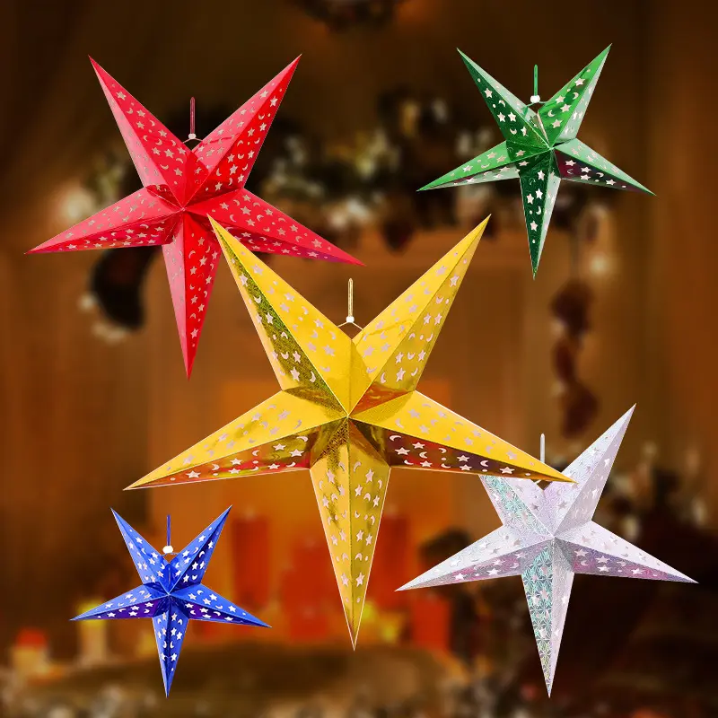 Dekorasi Natal ukuran kustom Origami buatan tangan kertas kuning Natal lentera bintang dekorasi