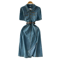 Robe Midi Décontractée en Jean pour Femme, Col Polo Élégant, Fente Niche, Ceinture Design, Luxe Léger, Vêtement d'Été Tendance