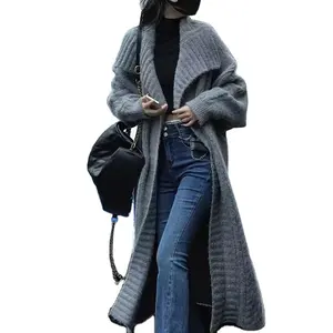 时尚女士秋季披肩领加尺码宽松合身超大长电缆针织纯色毛衣外套