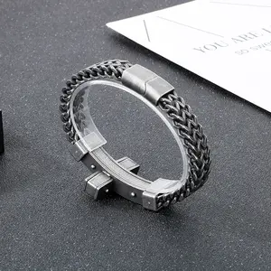 KALEN Herren Vintage 220mm oxidisiertes schwarzes Edelstahl-Christentkreuz-Herringbone-Kette-Armband