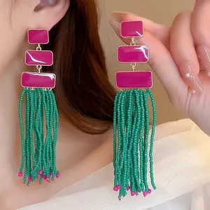 Silver Needle Rectangle Drip Oil Rice Bead Tassel Earrings with Stylish Style and Earnail Design New Trendy Earrings