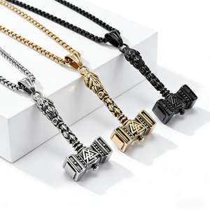 Collar con Colgante de Martillo de Thor, Acero de Titanio, Joyería Hip Hop para Hombre, Cadena de Regalo, Color Plata, Oro, Negro, Diseño Geométrico - Product Image 1