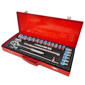 Juego de 24 Herramientas Mecánicas de Acero al Carbono en Caja de Hierro Roja, Estuche Rígido para Reparación de Automóviles, Llave de Trinquete y Vasos - Product Image 6