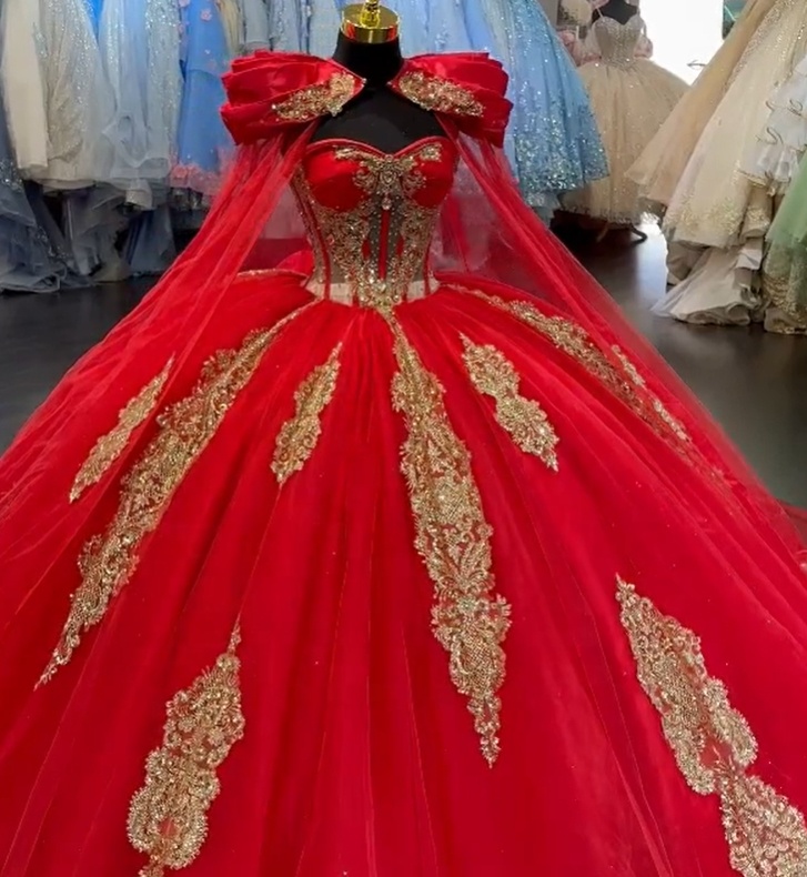 Wholesale Red Quinceanera Dresses Gold 15 Dresses Cape Quinceanera Dresses,2 Pieces