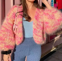 Cardigan en mohair d'hiver rose rayé à manches lanternes, pull ample pour femme, style streetwear
