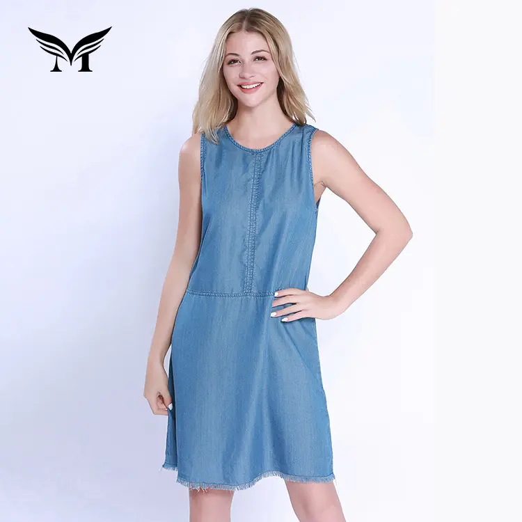 Mais recente projeto de moda eco friendly azul jean denim verão vestidos de férias por atacado