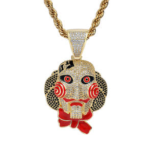 Collier pendentif tête de masque de poupée en pierre CZ micro-pavée, style hip-hop, petit format, pour hommes et femmes - Product Image 4