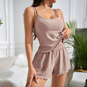 OEM批发夏季女式网眼短裤家居服宽松舒适两件套睡衣短裤套装睡衣女 - Product Image 3