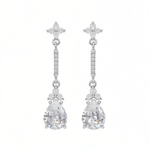 Boucles d'oreilles pendantes en or blanc E1729, goutte d'eau, cristal, strass, sertissage à griffes, bijoux de mariage classiques pour femmes - Product Image 1
