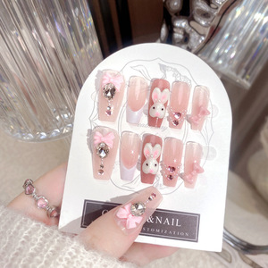 Faux ongles de luxe rose motif lapin, faits main de haute qualité, à presser, avec lapin pour Pâques - Product Image 3