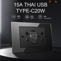 Prise murale standard américaine en verre trempé noir 118 x 73 mm, 10A, 6 prises, 20W, charge rapide USB-C, TV satellite, prise de données CAT6